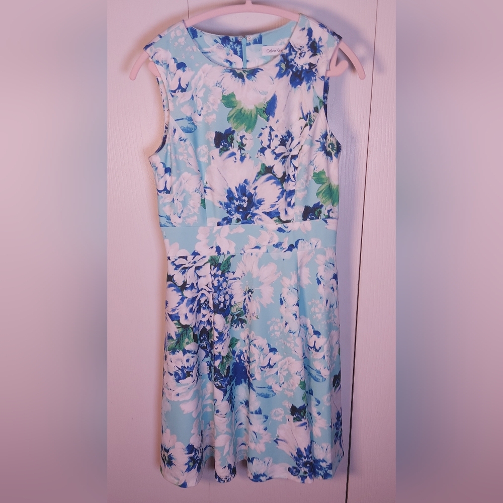 Calvin Klein Floral Sleeveless Fit and Flare Dress Size 8 Green Blue Sea Glass - Picture 12 of 14